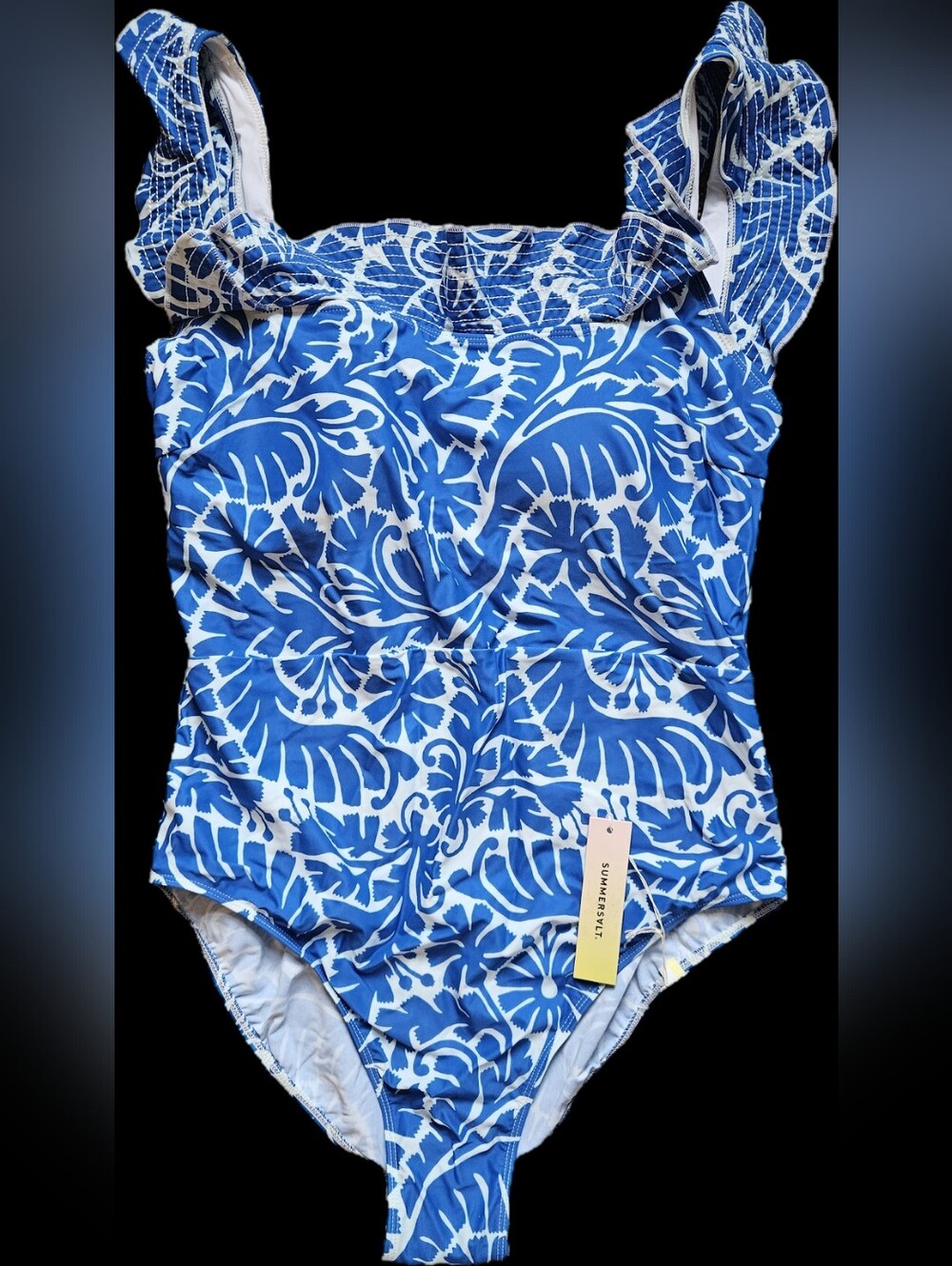 NWT Summersalt Ruffle Seaway Square Neck One Piece- Classic Fit-Blue & White- 12